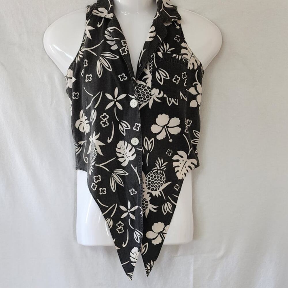 India Garment New York Floral  Black and White Sleeveles Tie Crop Top W SZ  Med - Picture 3 of 10